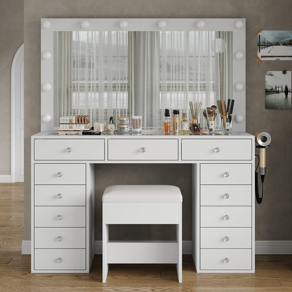 47" White Makeup Vanity with 13 Drawers and HD Mirror Z366