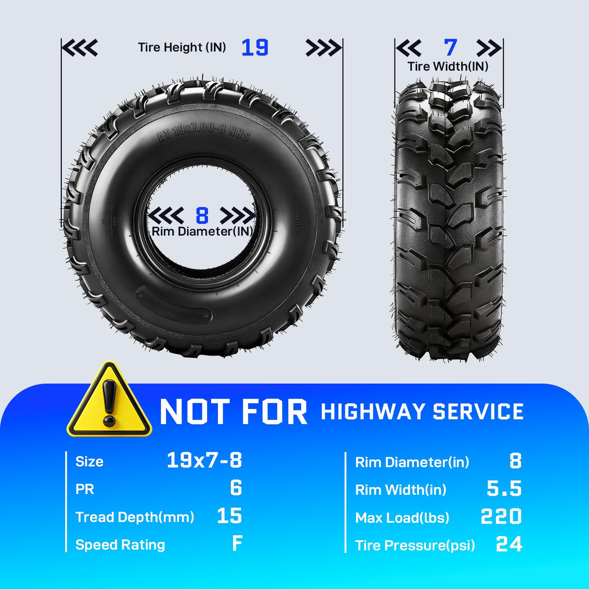 19x7-8 ATV Tires 6PR All-Terrain Tubeless Pack of 2 F50394