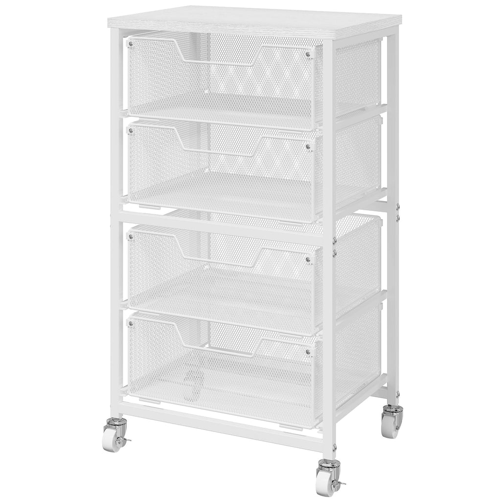White 4 Drawer Rolling Storage Cart with Wooden Top L417