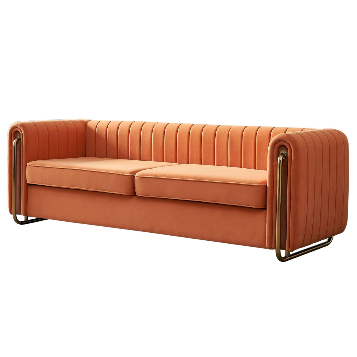 Velvet Sofa Couch, 3-Seater with Channel-Tufted Seats and Gold Steel Legs, Orange H928915