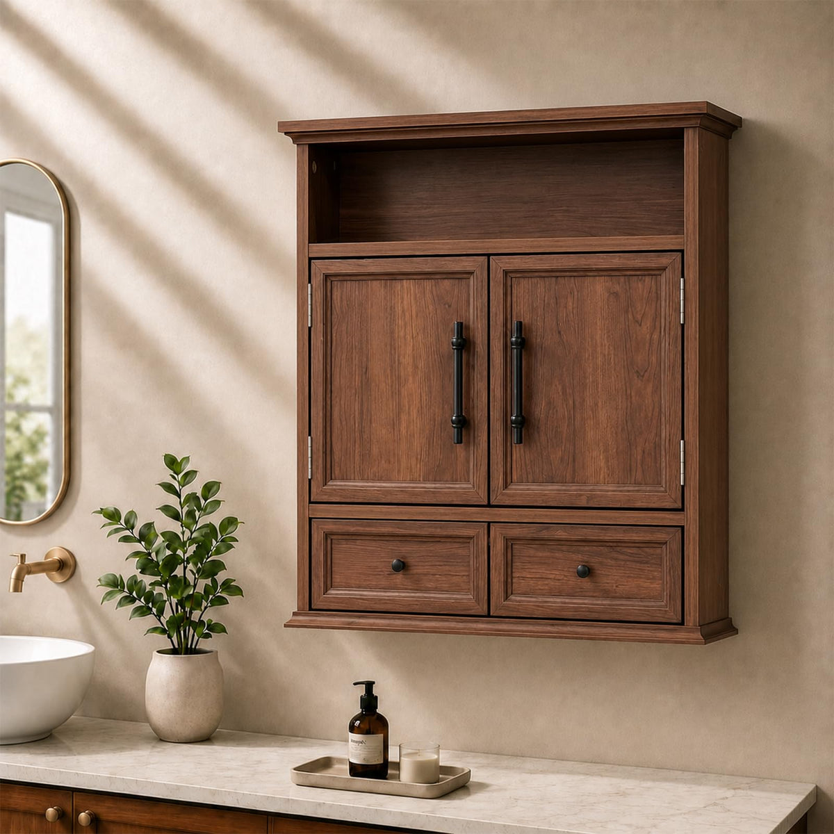 24" Wall Mounted Bathroom Storage Cabinet with Adjustable Shelf, Open Shelf, Double Doors and Drawer, Walnut P245875