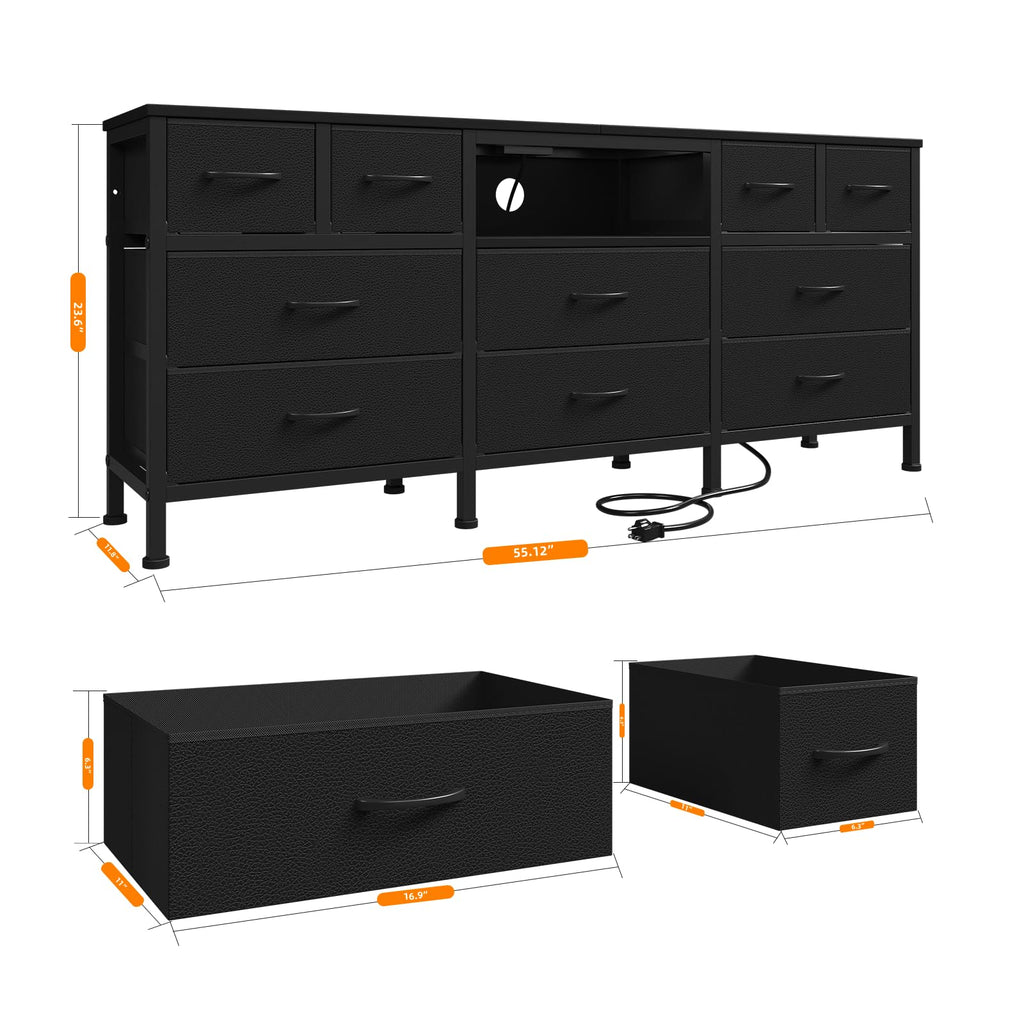 Black Dresser with LED Lights and Power Outlets, 10 Drawers Dresser H5221