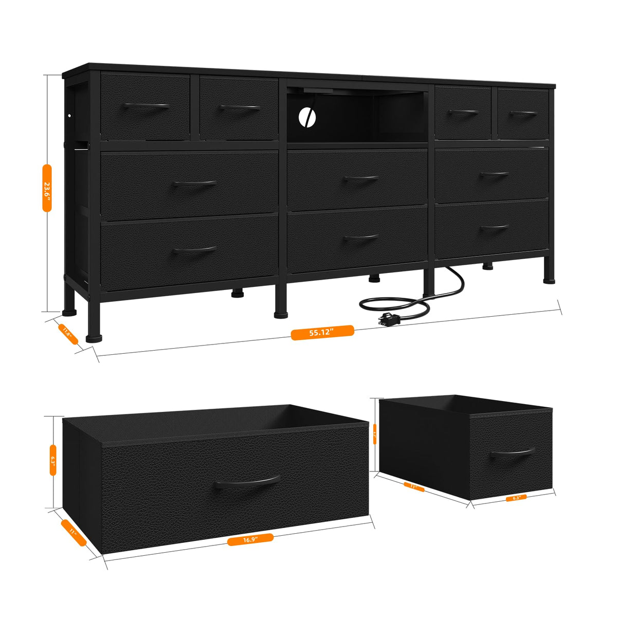 Black Dresser with LED Lights and Power Outlets, 10 Drawers Dresser H5221