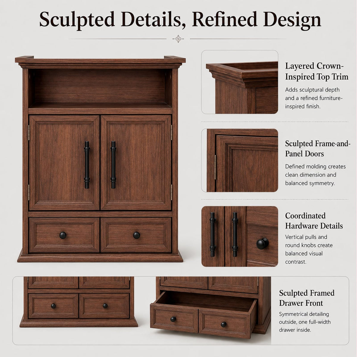 24" Wall Mounted Bathroom Storage Cabinet with Adjustable Shelf, Open Shelf, Double Doors and Drawer, Walnut P245875