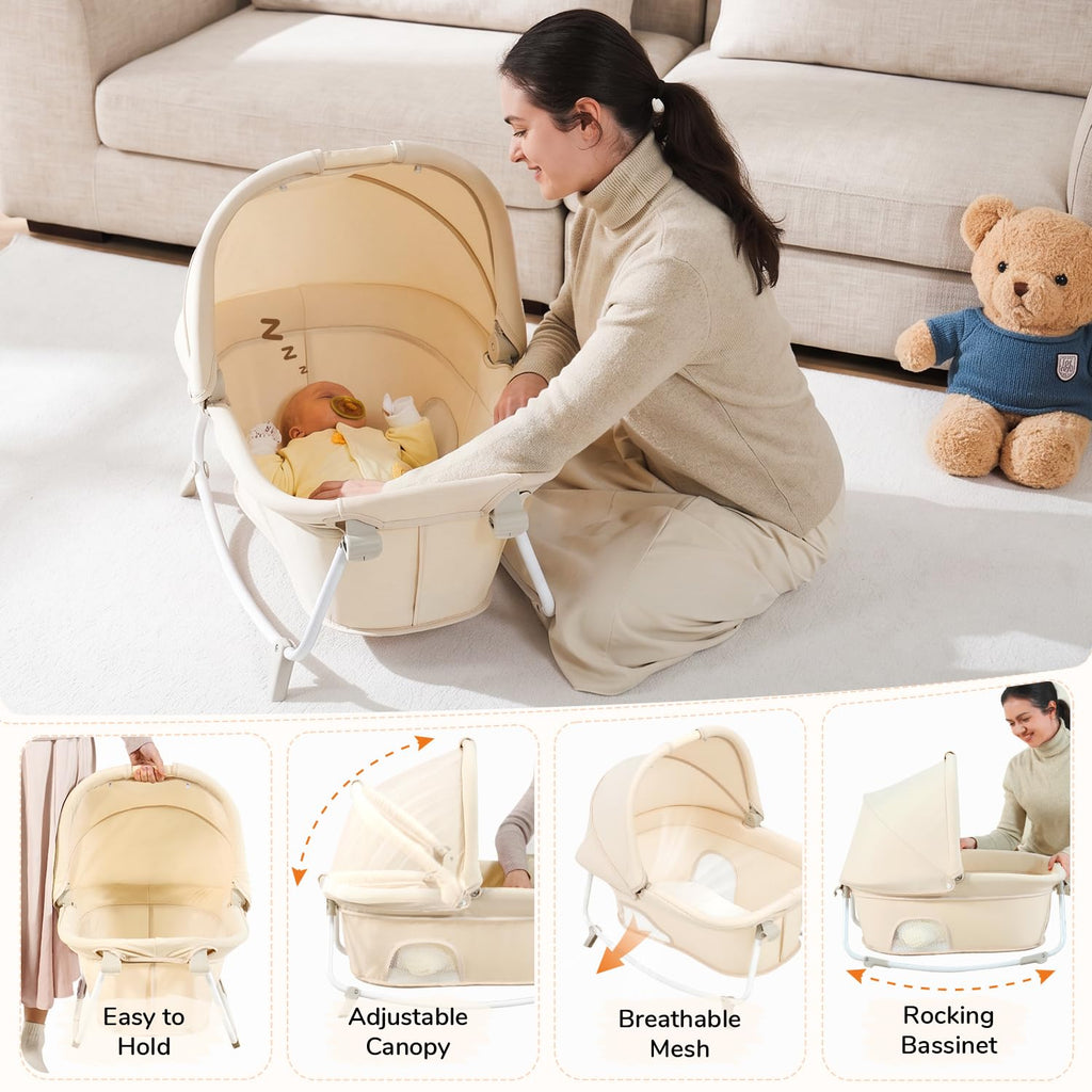 6-in-1 Pack and Play with Bassinet, Portable Playard, Travel Crib with Mattress, Changing Table, Storage Bag & 4 Wheels (Beige) S156