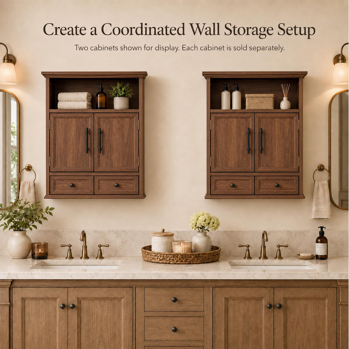 24" Wall Mounted Bathroom Storage Cabinet with Adjustable Shelf, Open Shelf, Double Doors and Drawer, Walnut P245875