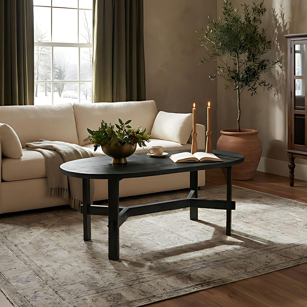 Black Oval Solid Acacia Wood Coffee Table C83397