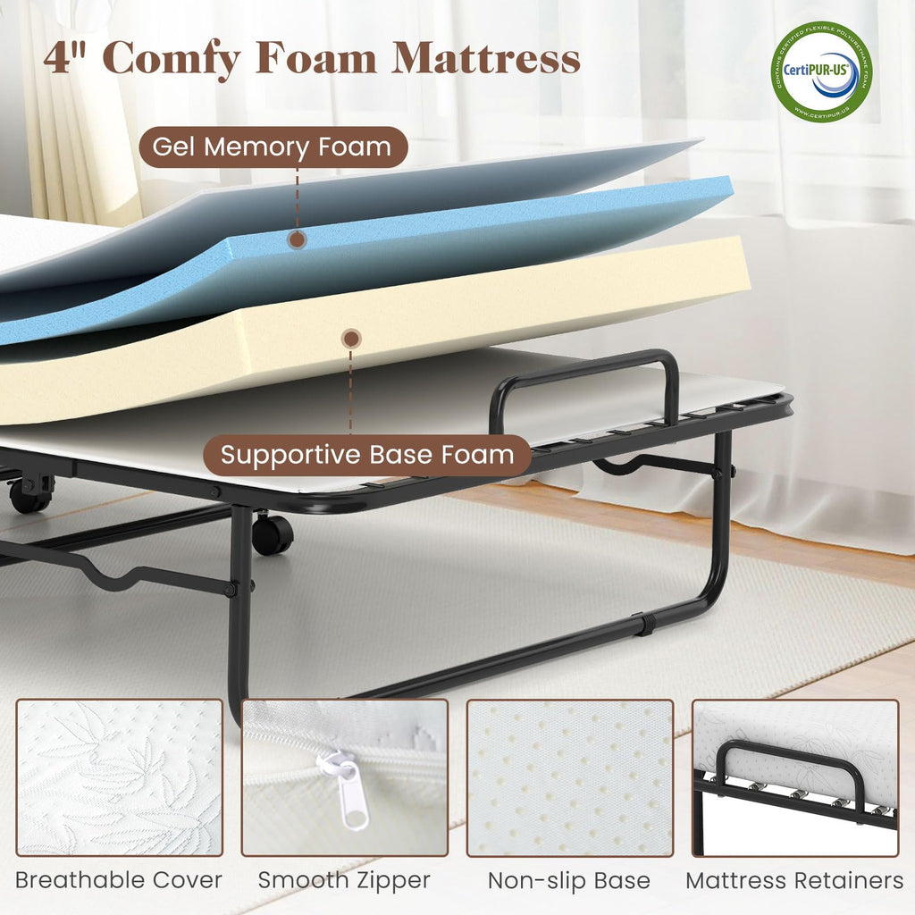 Folding Bed with Mattress, Cot Size Gel Memory Foam Metal Frame I84592