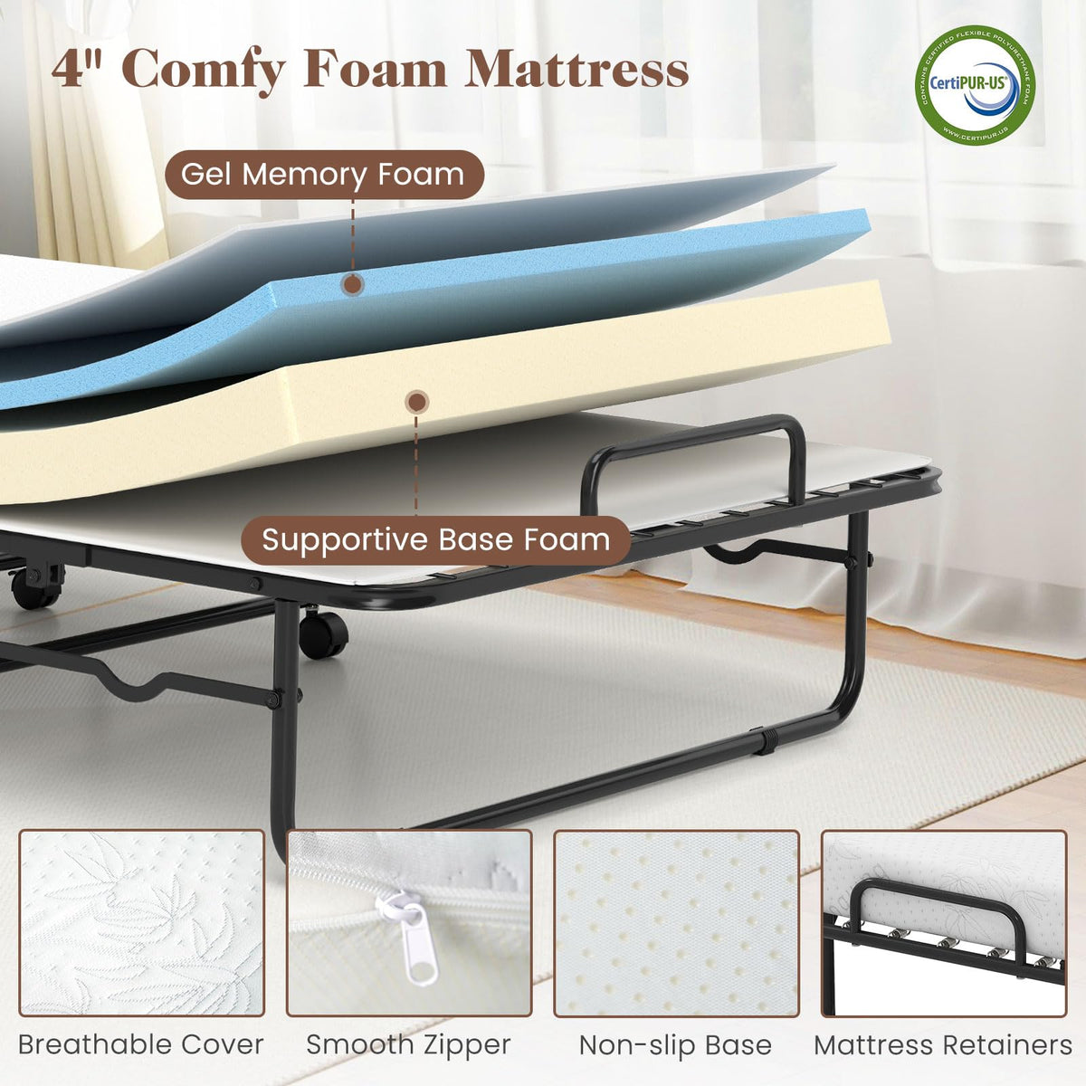 Folding Bed with Mattress, Cot Size Gel Memory Foam Metal Frame I84592