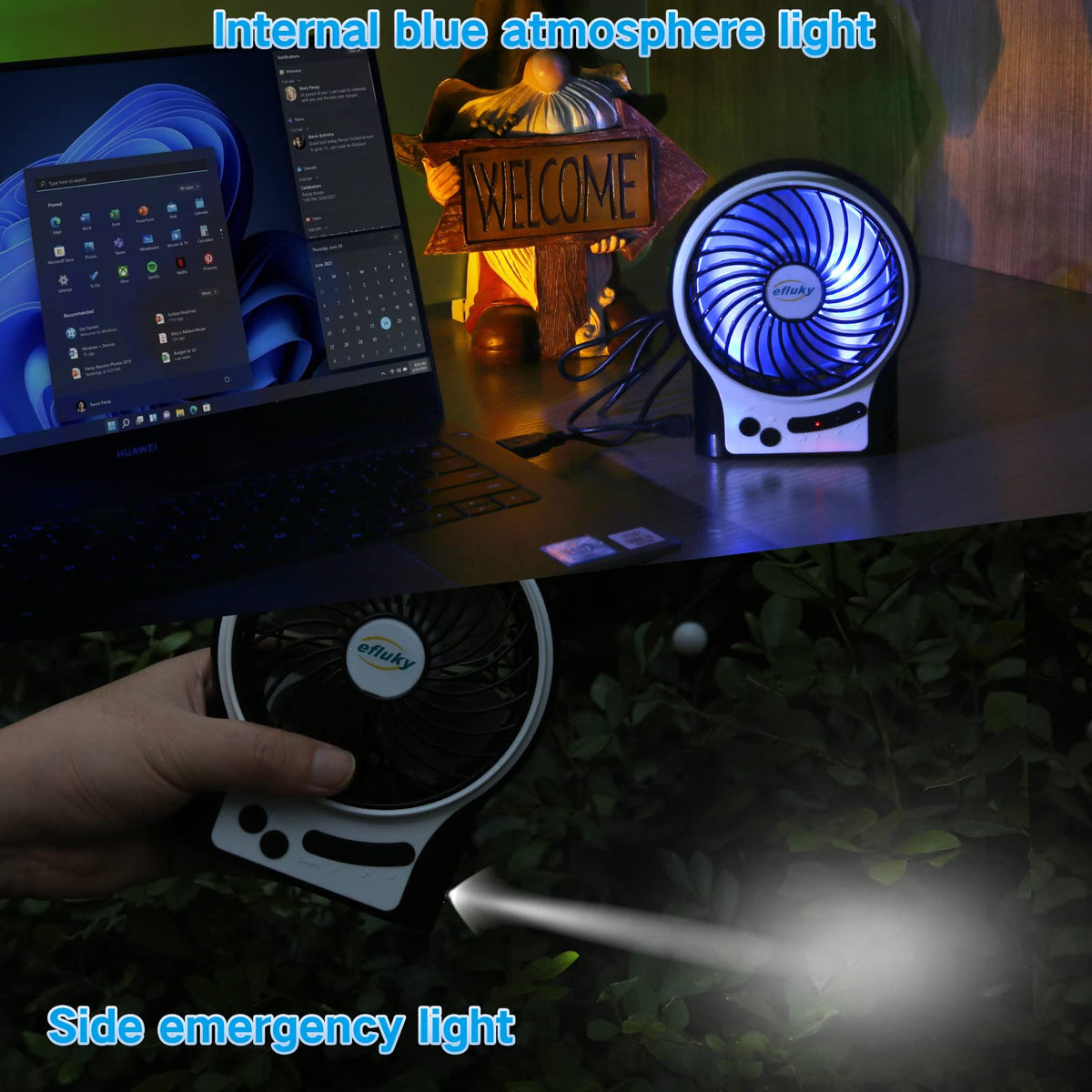 4.9-Inch Mini Desk Fan, 3 Speeds, Rechargeable USB Powered with LED Light, Black W49627