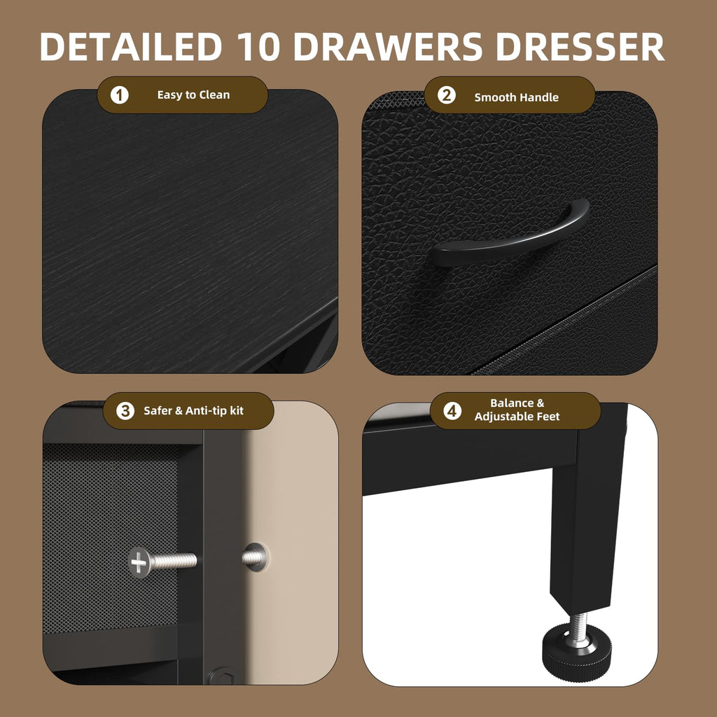 Black Dresser with LED Lights and Power Outlets, 10 Drawers Dresser H5221