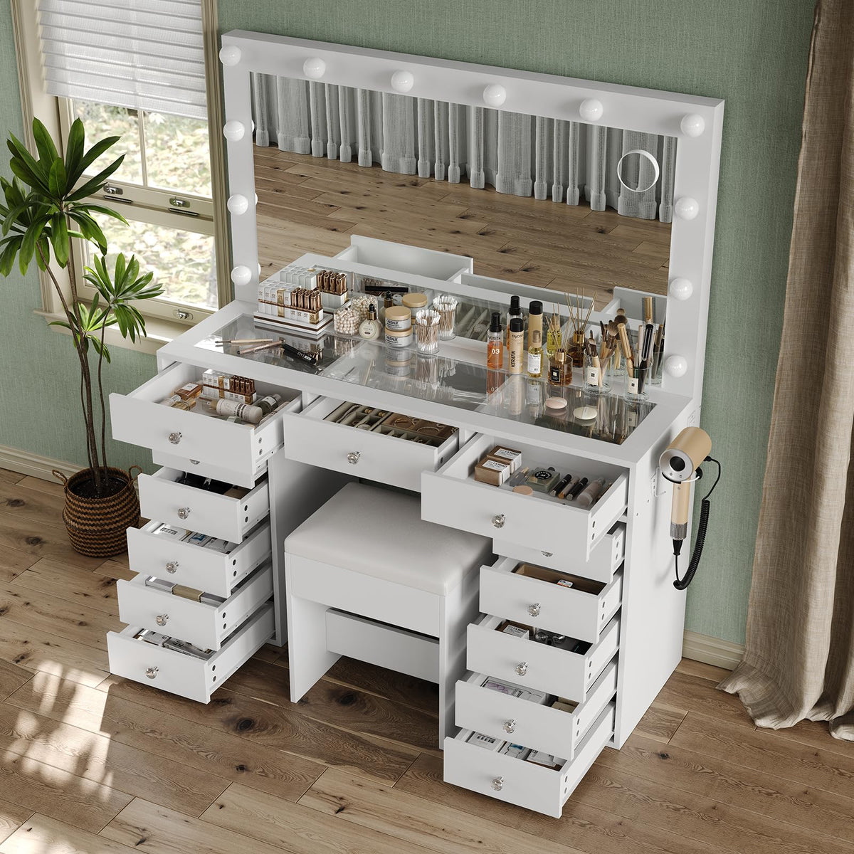 47" White Makeup Vanity with 13 Drawers and HD Mirror Z366