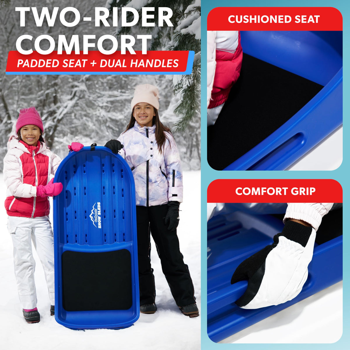 2 Person Snow Sled with Pull Strap and Padded Seat J9001