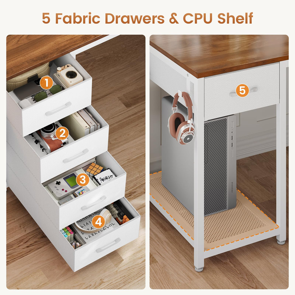 Brown White L Shaped Desk with 5 Drawers X57230