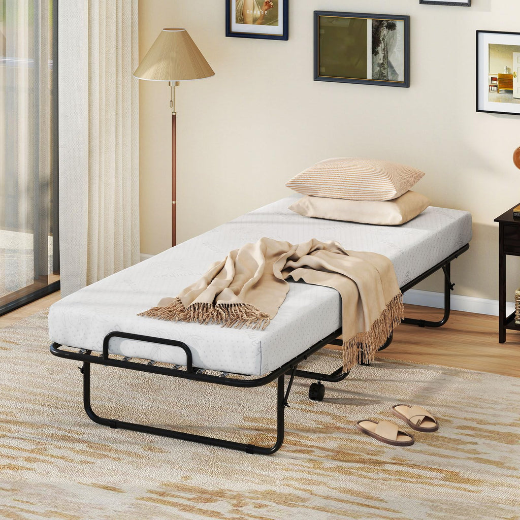 Folding Bed with Mattress, Cot Size Gel Memory Foam Metal Frame I84592