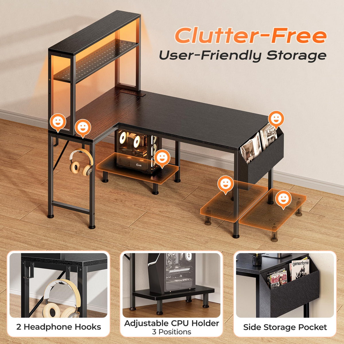L Shaped Gaming Desk with LED Lights & Power Outlets X761799