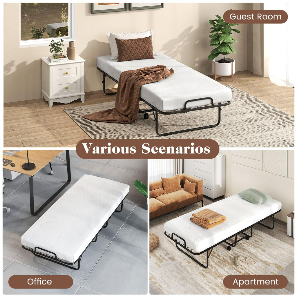 Folding Bed with Mattress, Cot Size Gel Memory Foam Metal Frame I84592