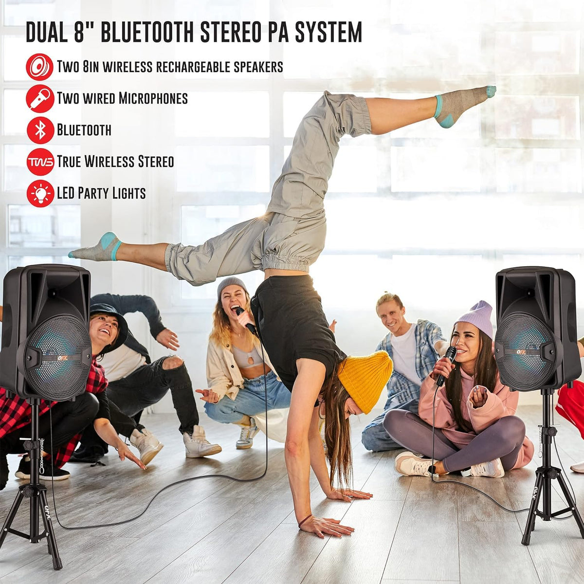 Dual 8" Powered PA Speaker System with Tripod Stands, Wired Mics and Remote W229411