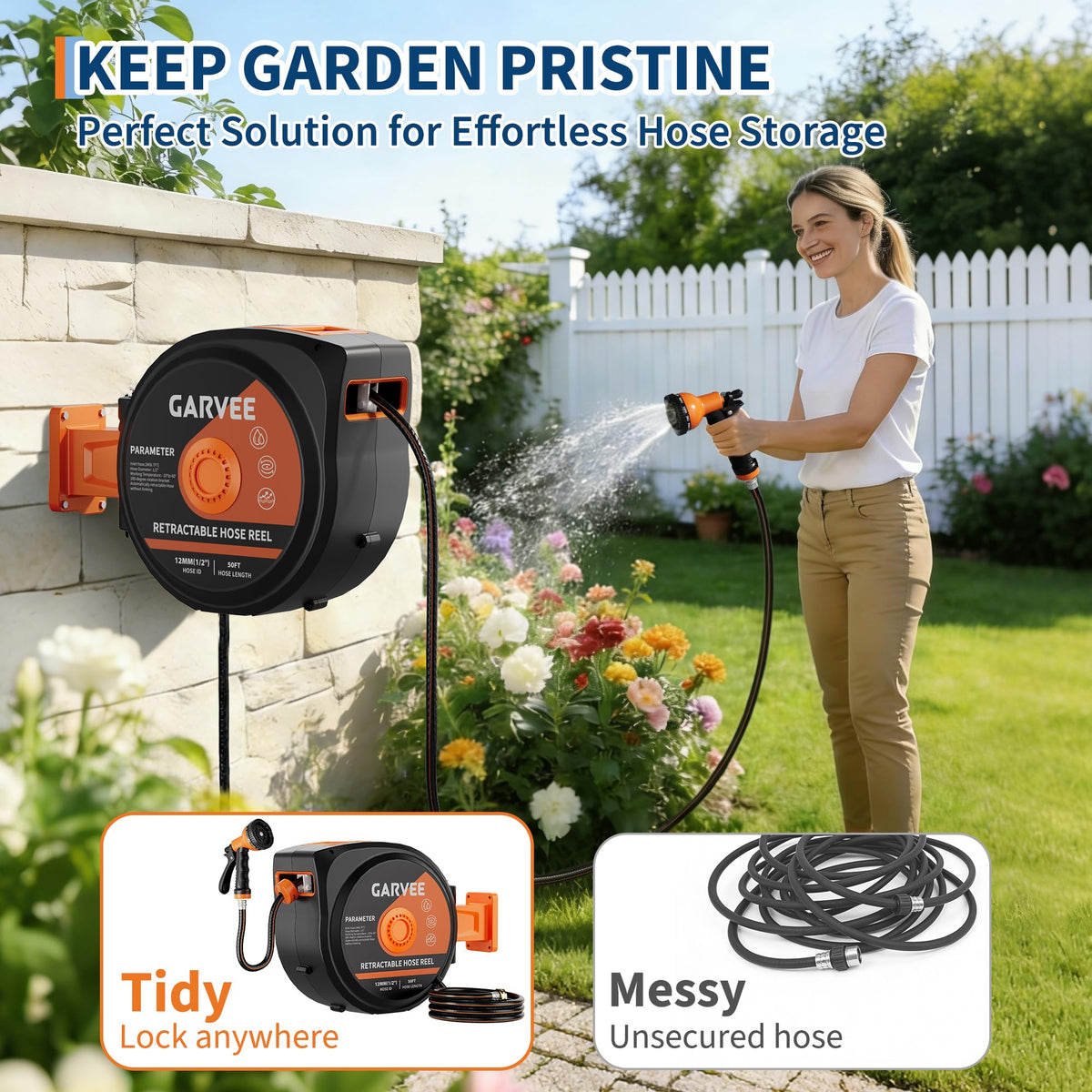 1/2 Inch x 50 ft Wall Mounted Garden Hose Reel with 10 Patterns Nozzle J57356