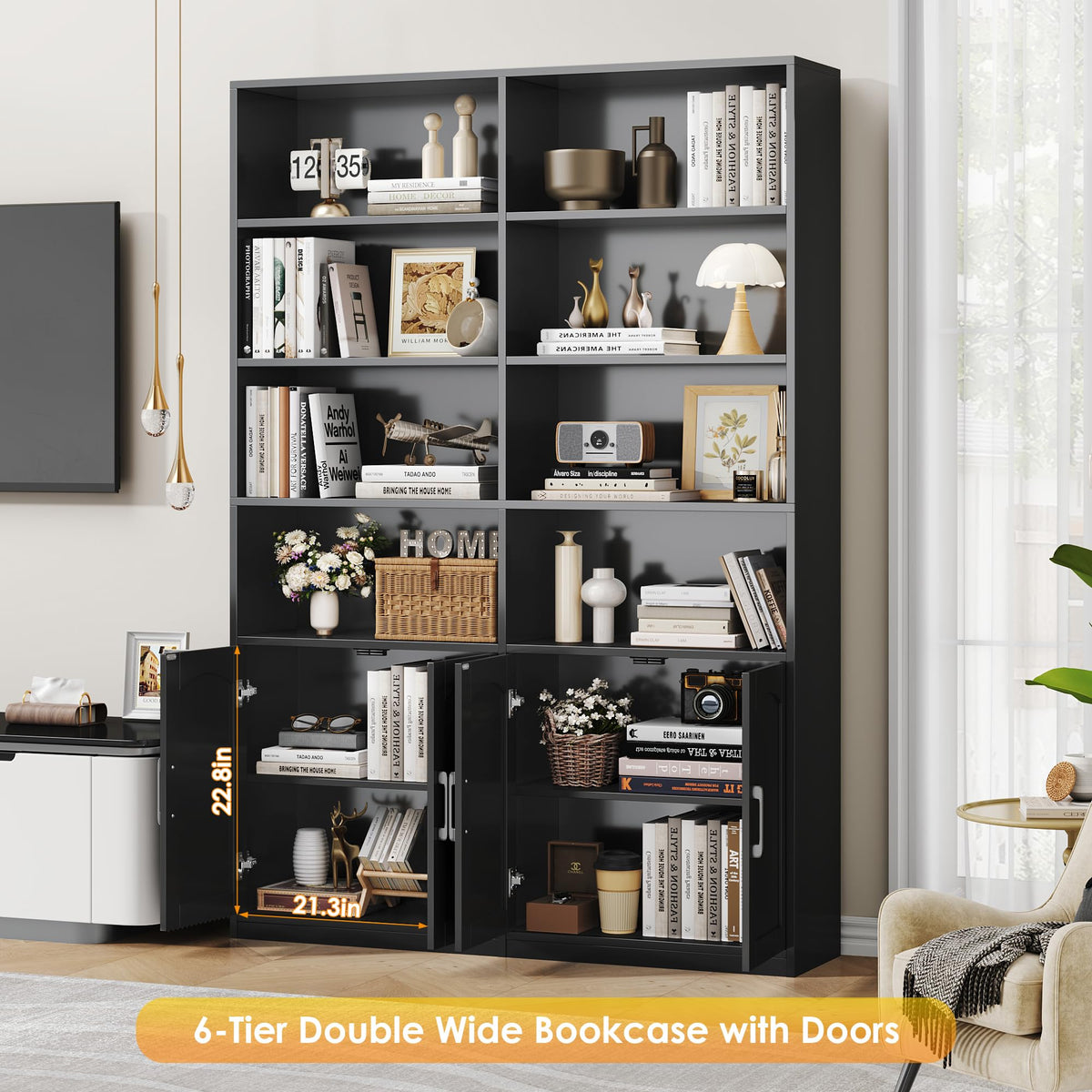 Double Wide Bookshelf and Bookcase with Doors Y4688