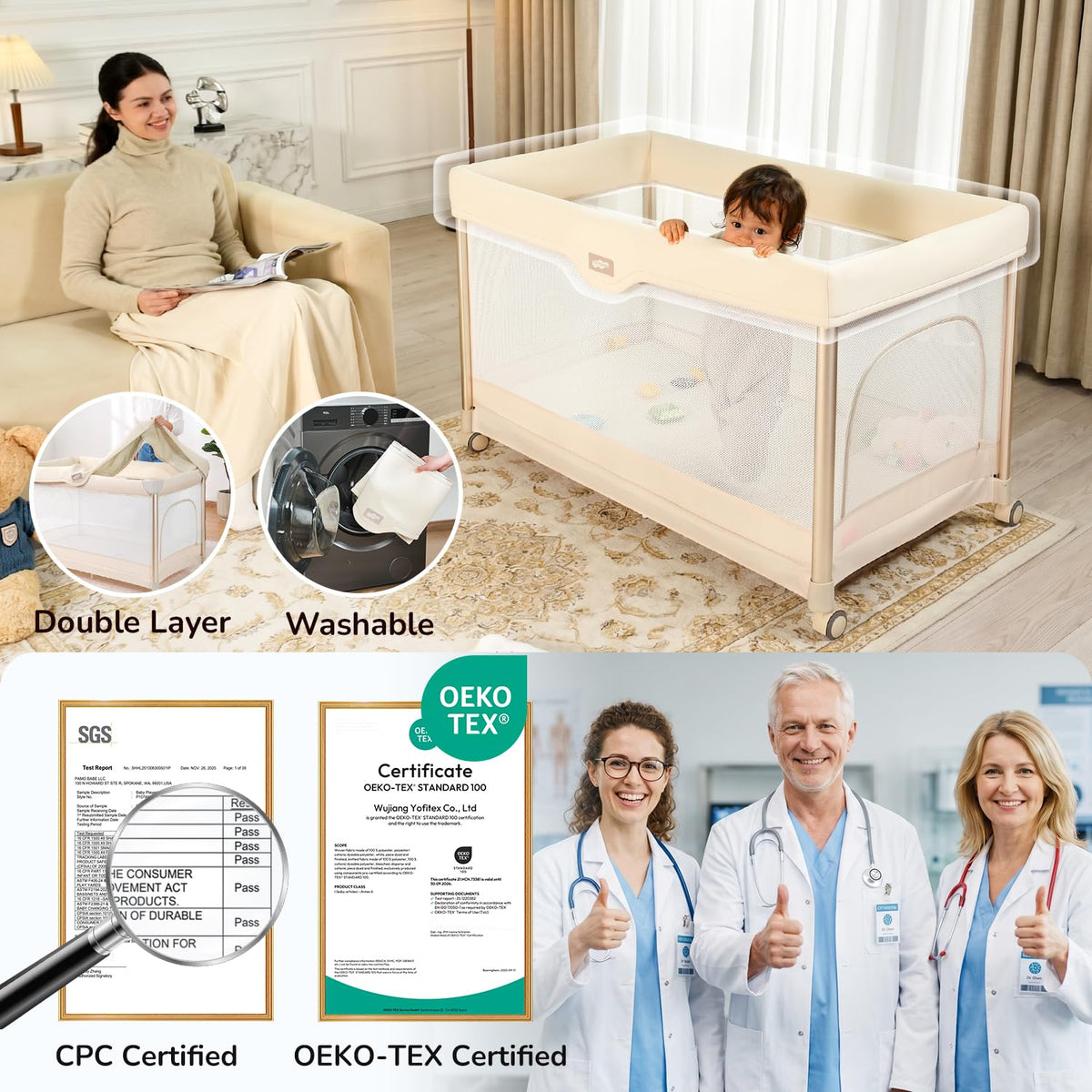 6-in-1 Pack and Play with Bassinet, Portable Playard, Travel Crib with Mattress, Changing Table, Storage Bag & 4 Wheels (Beige) S156