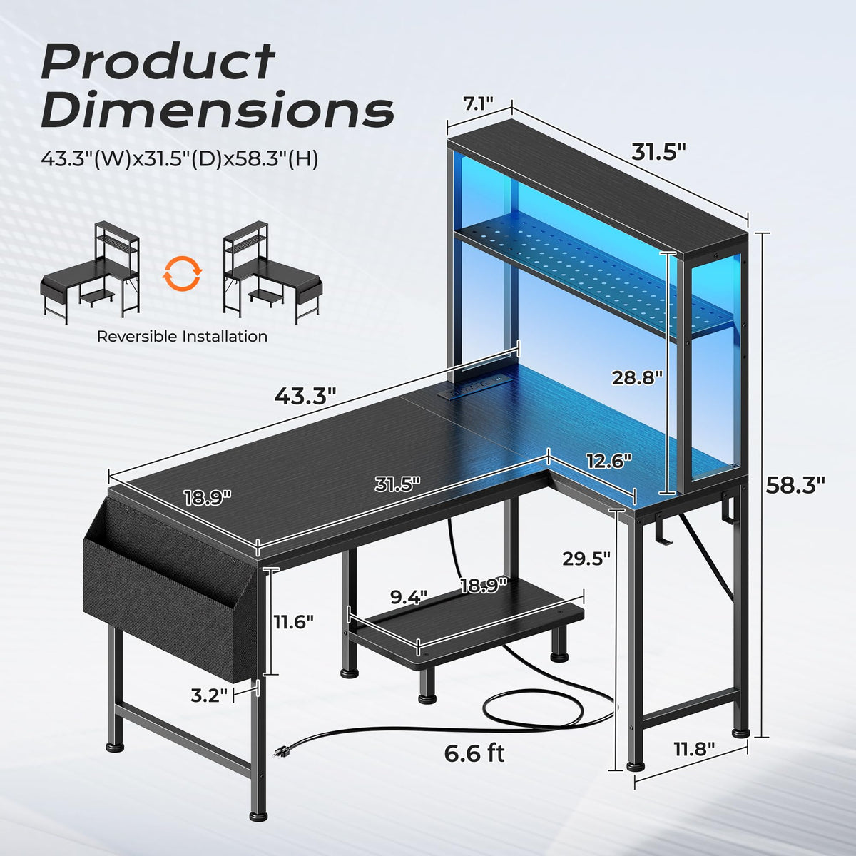 L Shaped Gaming Desk with LED Lights & Power Outlets X761799