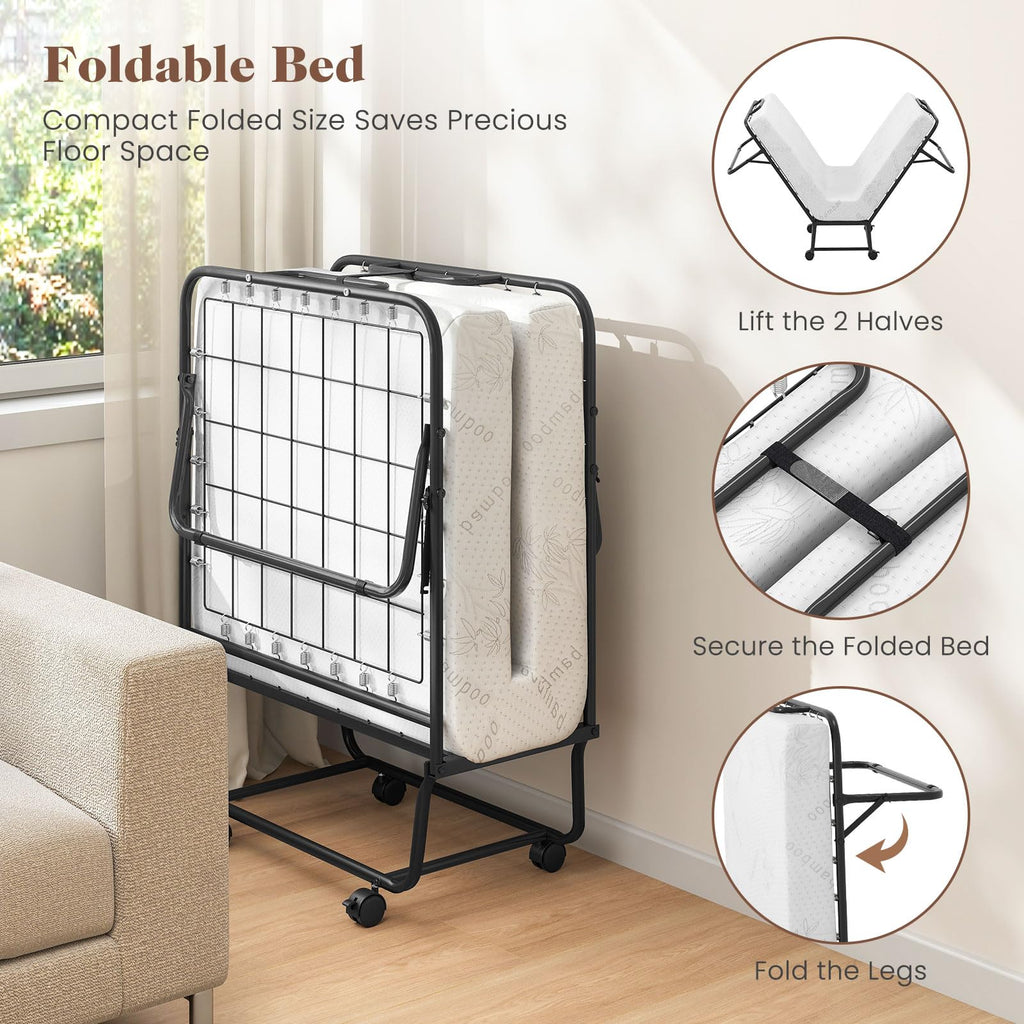 Folding Bed with Mattress, Cot Size Gel Memory Foam Metal Frame I84592