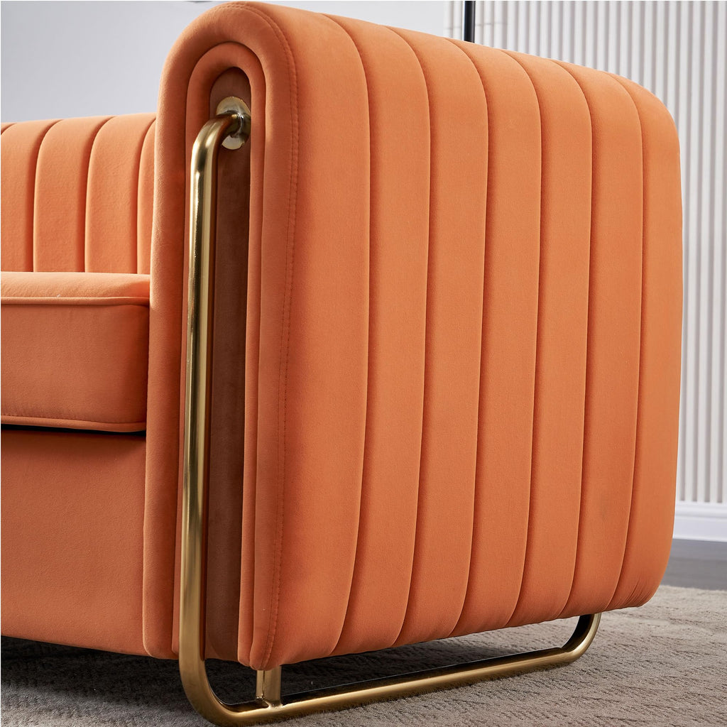Velvet Sofa Couch, 3-Seater with Channel-Tufted Seats and Gold Steel Legs, Orange H928915