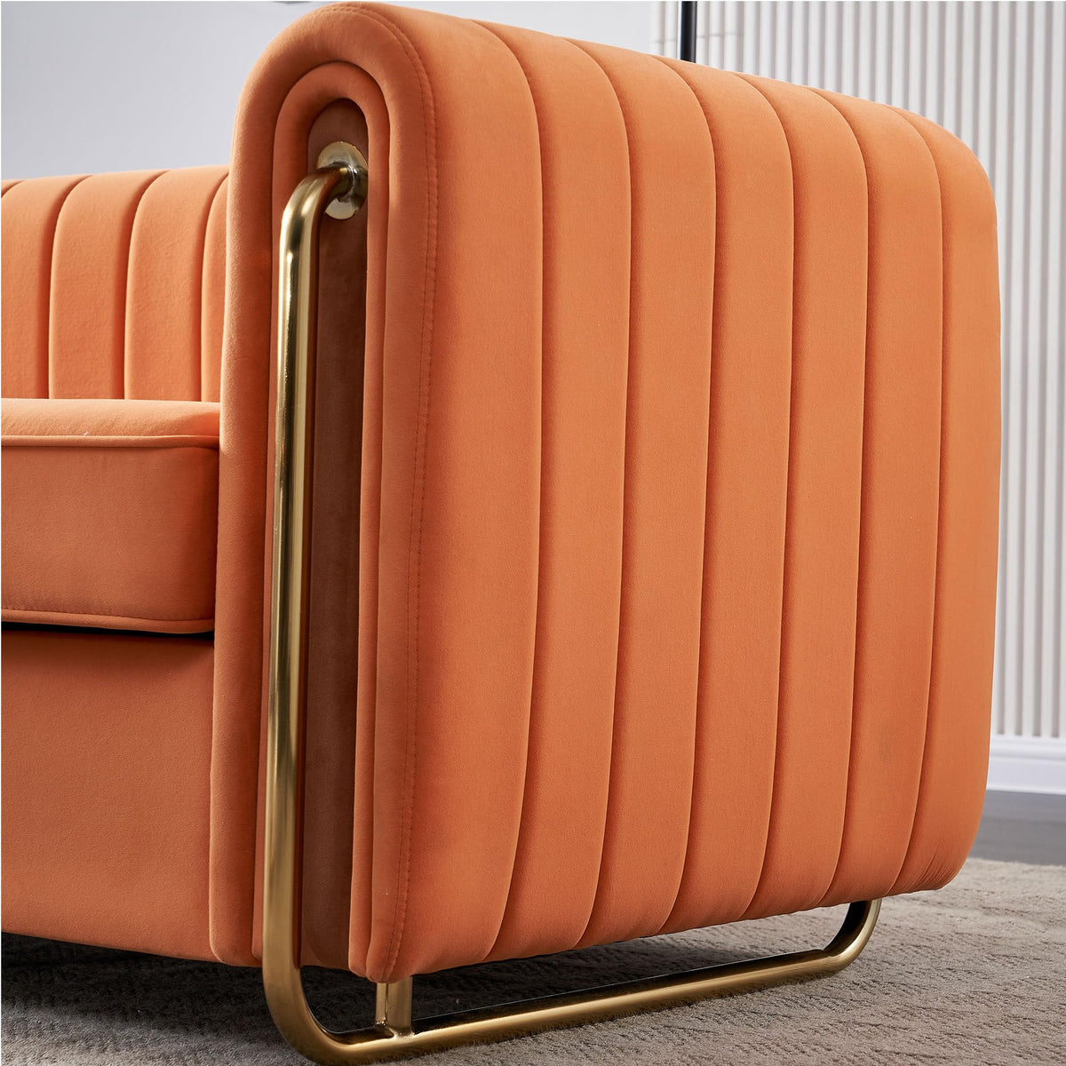 Velvet Sofa Couch, 3-Seater with Channel-Tufted Seats and Gold Steel Legs, Orange H928915