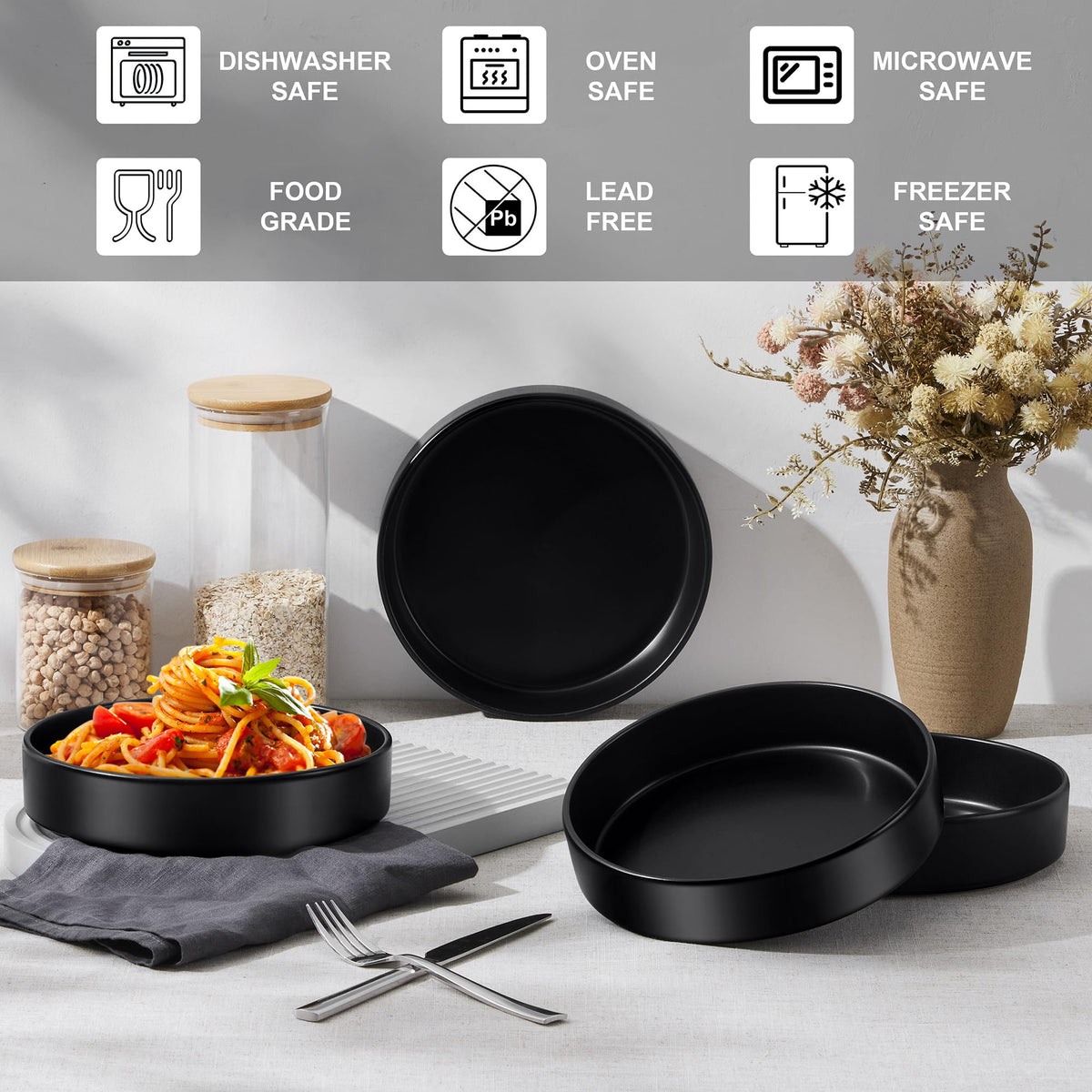 Black Ceramic Pasta Bowls Set of 4 G791