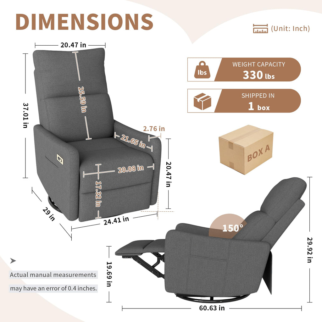 29" Electric Power Swivel Rocking Recliner Chair Dark Gray E61149