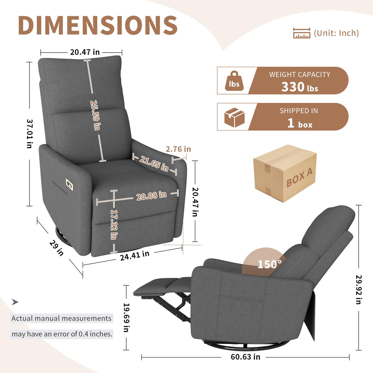29" Electric Power Swivel Rocking Recliner Chair Dark Gray E61149