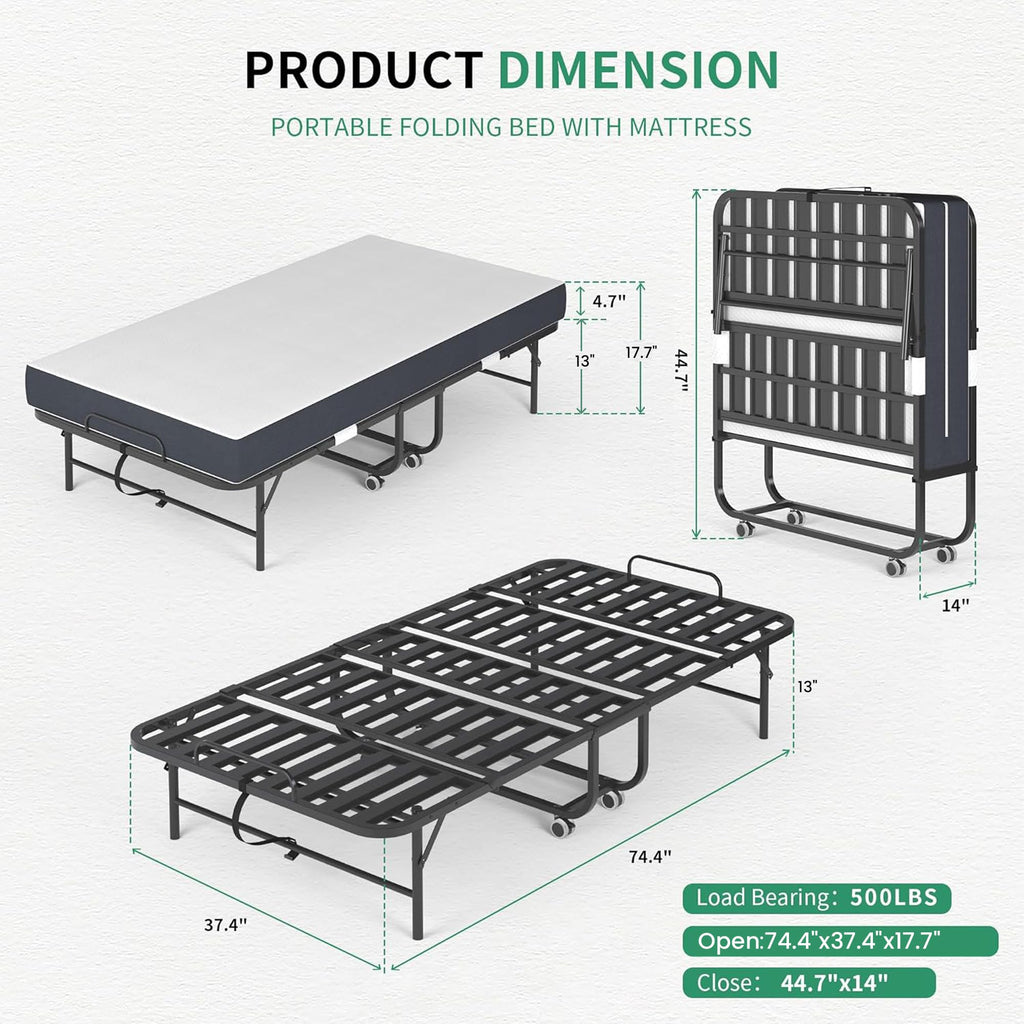 Folding Bed with Mattress, 5-Inch Memory Foam, 500lbs Capacity, Metal Frame T99698