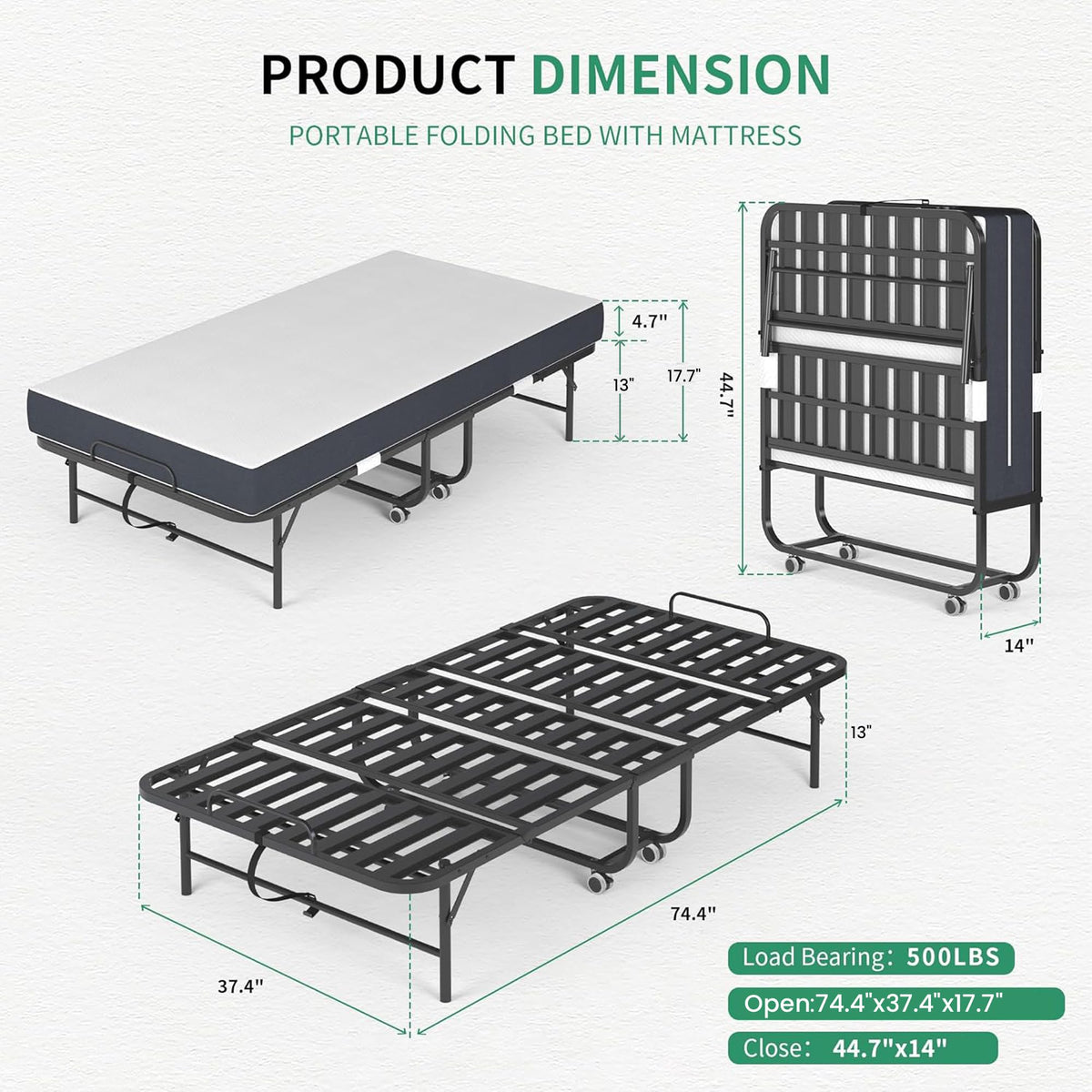Folding Bed with Mattress, 5-Inch Memory Foam, 500lbs Capacity, Metal Frame T99698