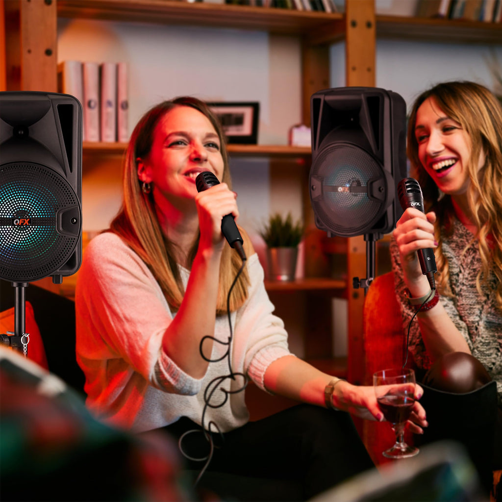 Dual 8" Powered PA Speaker System with Tripod Stands, Wired Mics and Remote W229411