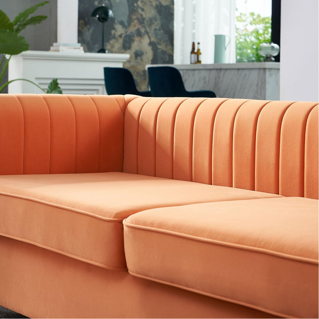Velvet Sofa Couch, 3-Seater with Channel-Tufted Seats and Gold Steel Legs, Orange H928915