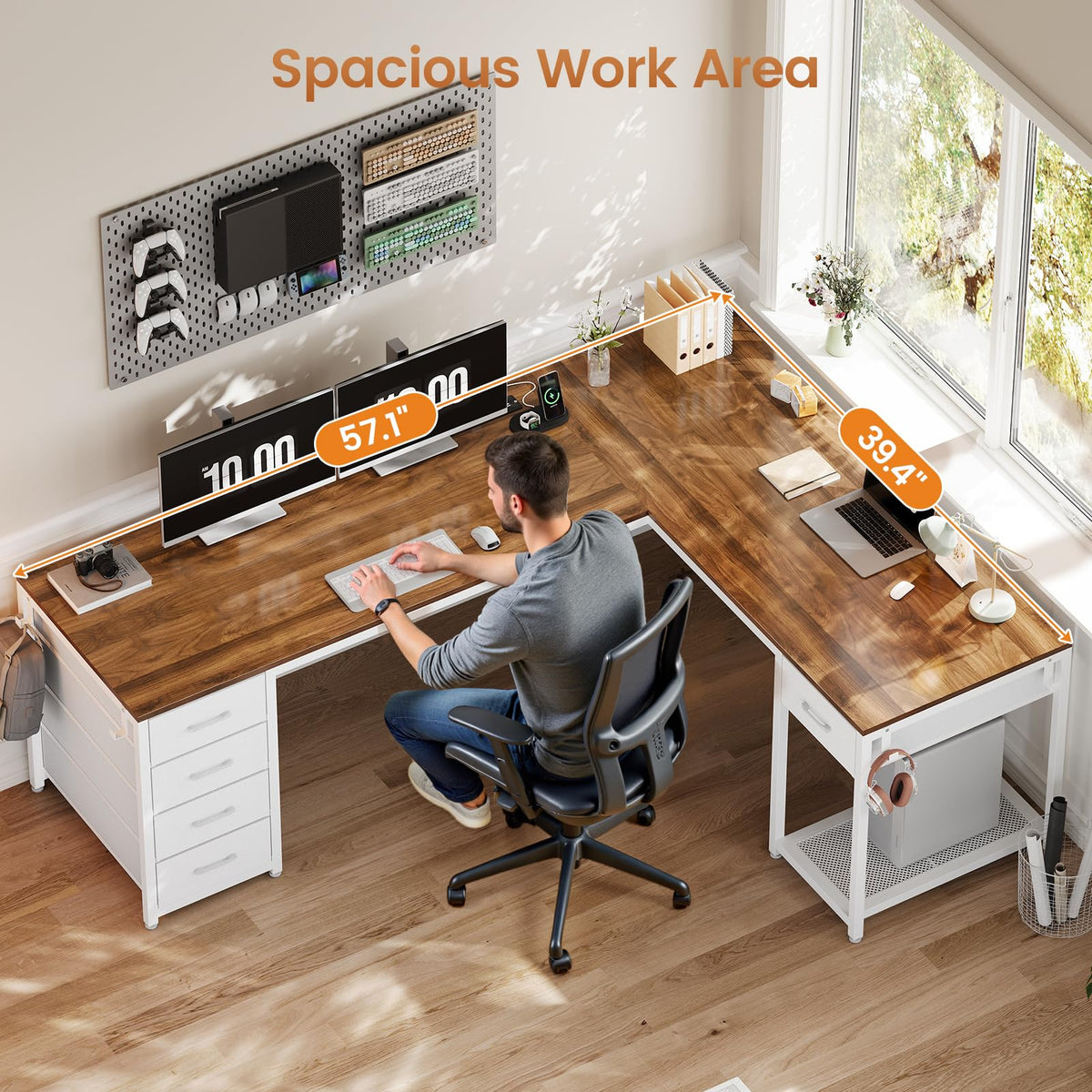 Brown White L Shaped Desk with 5 Drawers X57230