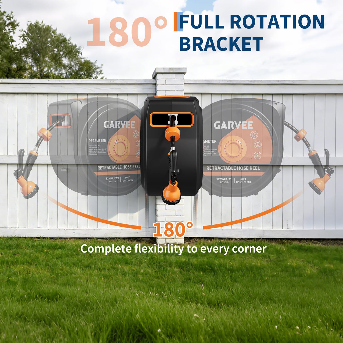 1/2 Inch x 50 ft Wall Mounted Garden Hose Reel with 10 Patterns Nozzle J57356