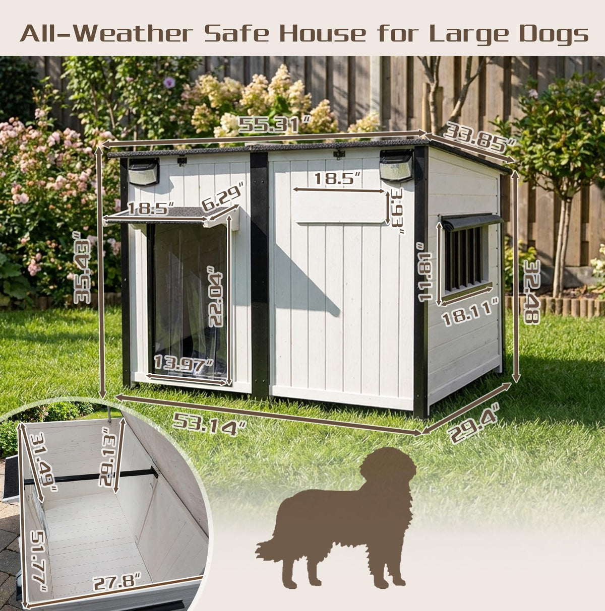 55" Large Wooden Dog House Outdoor Heavy Duty Weatherproof Kennel with Asphalt Roof E250