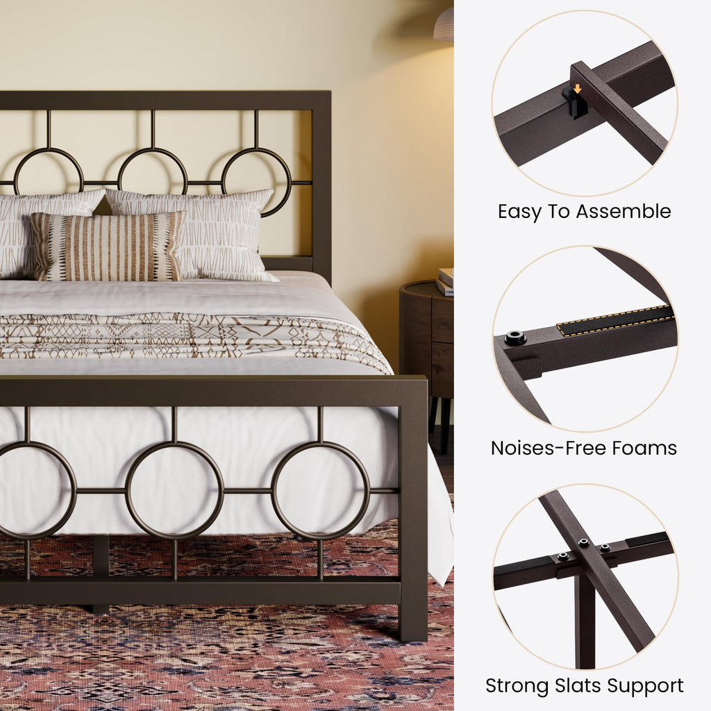Full Size Brown Metal Bed Frame with Headboard and Footboard M71886