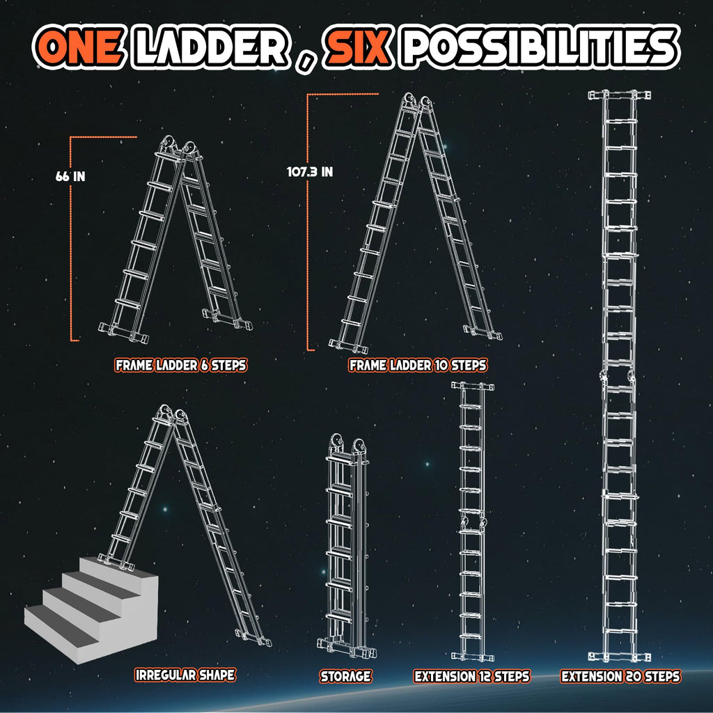 Telescoping Ladder, 22.5 Ft A Frame Anti-Slip Multi Position F513