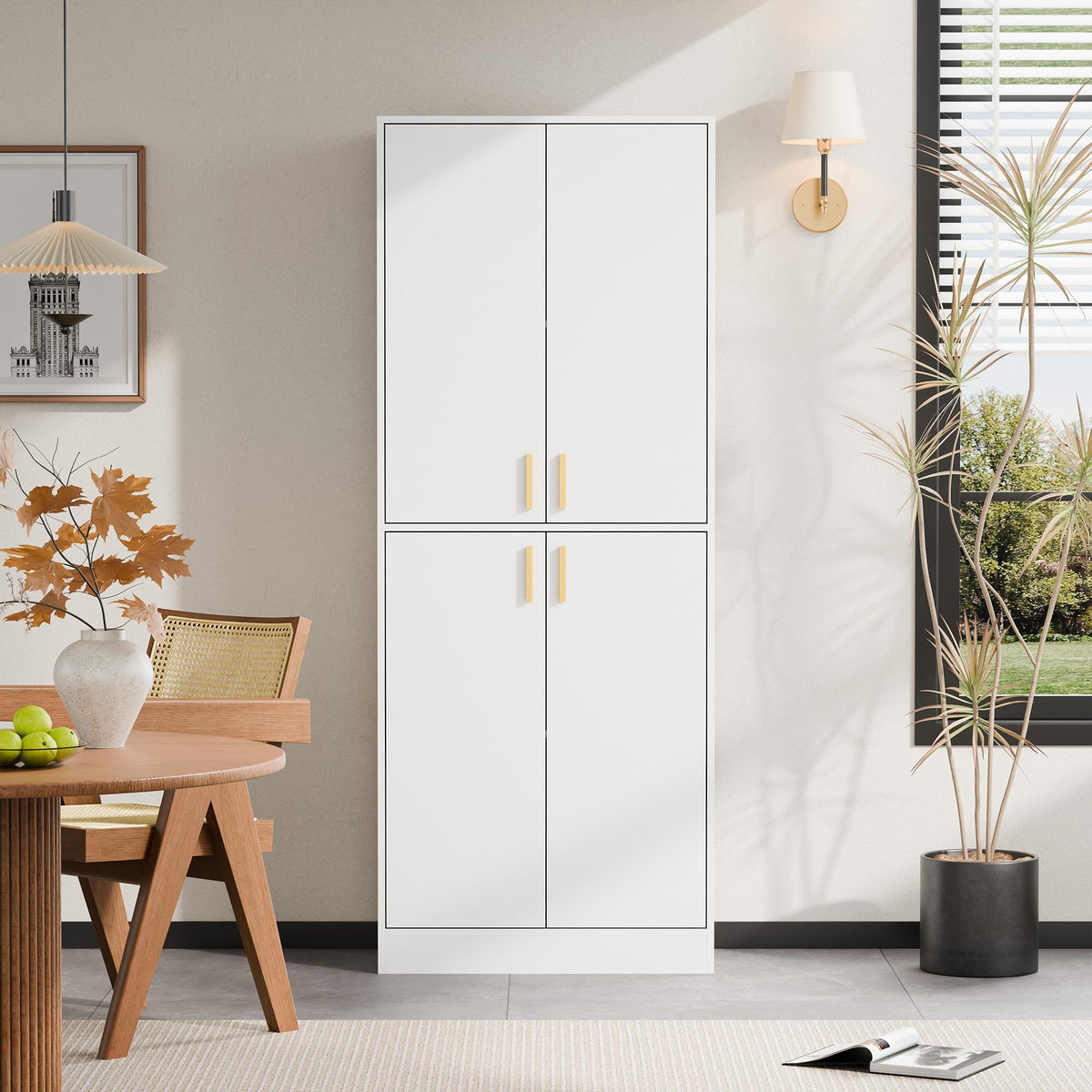 White Wood Storage Cabinet with Doors and Shelves J200
