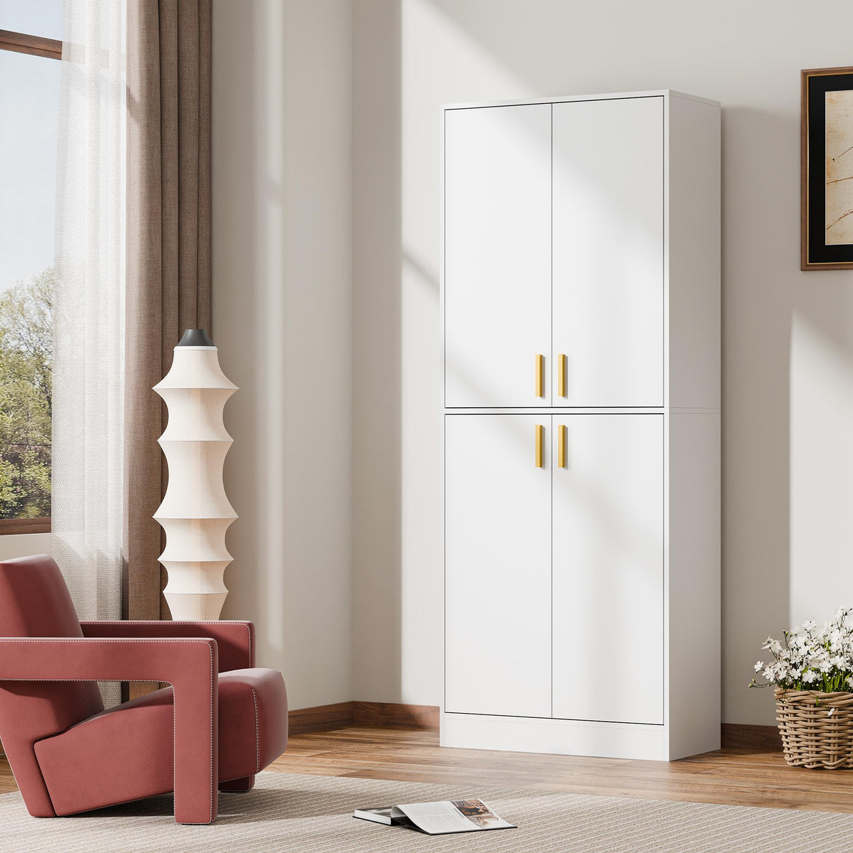 White Wood Storage Cabinet with Doors and Shelves J200