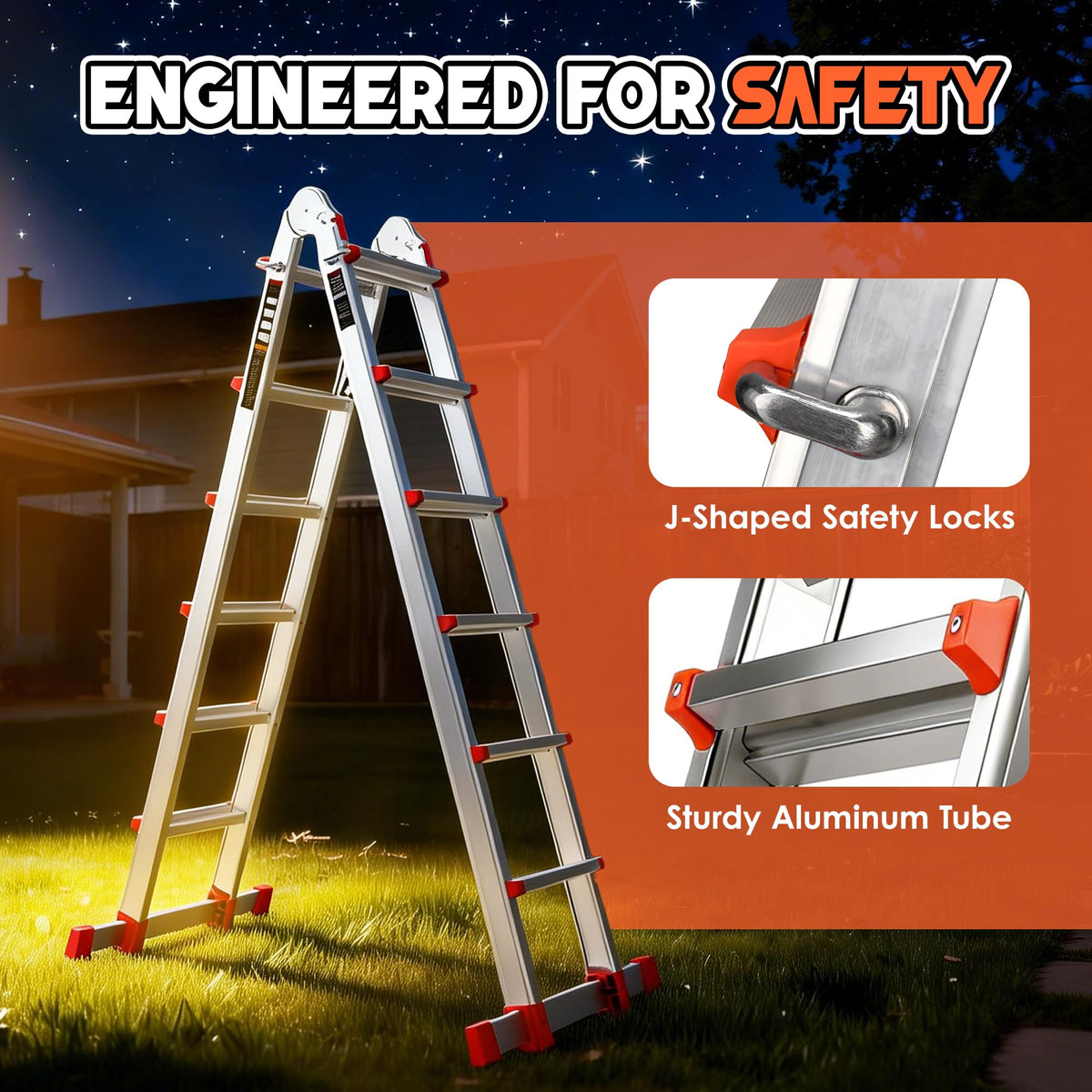 Telescoping Ladder, 22.5 Ft A Frame Anti-Slip Multi Position F513