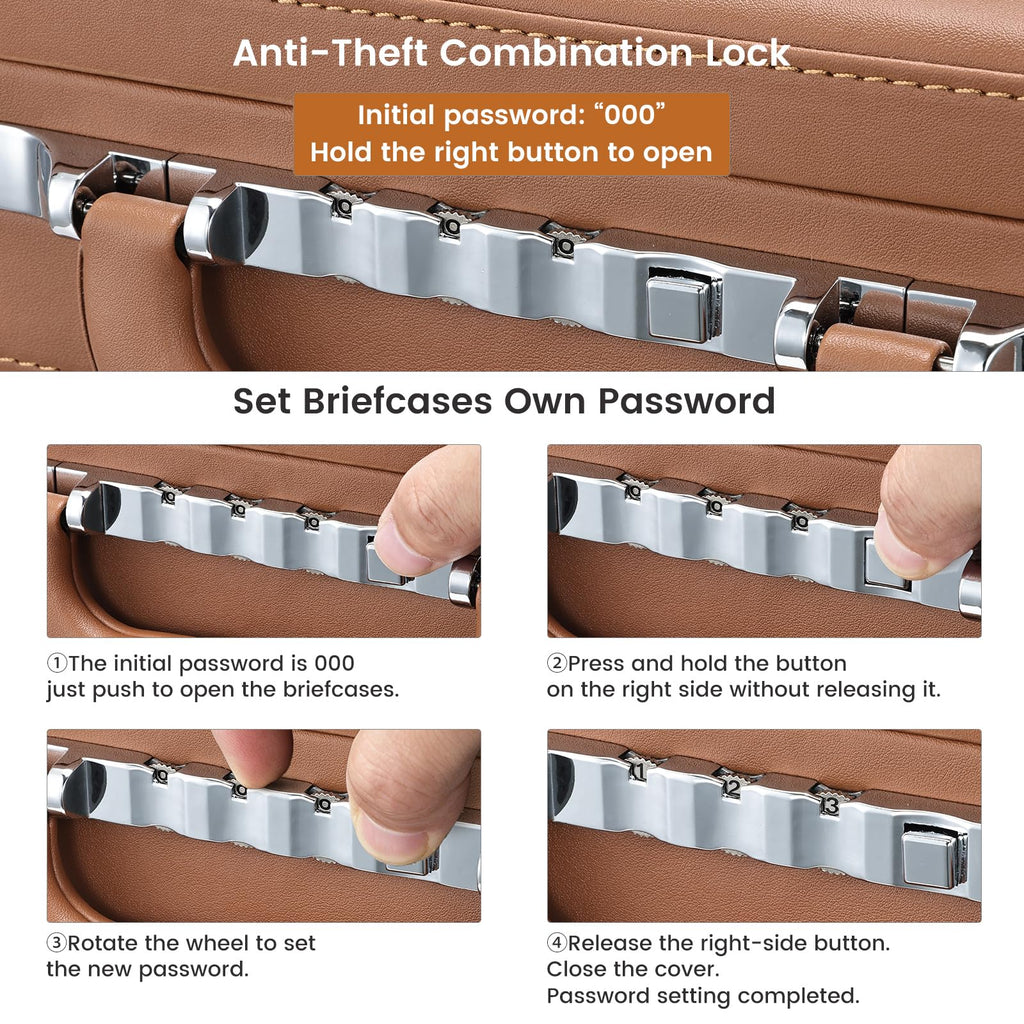 Brown Leather Briefcase with Lock for 16 Inch Laptop O96699