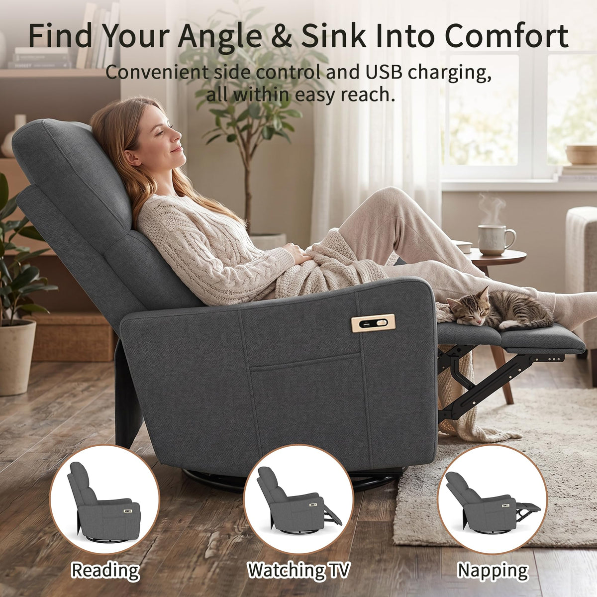 29" Electric Power Swivel Rocking Recliner Chair Dark Gray E61149