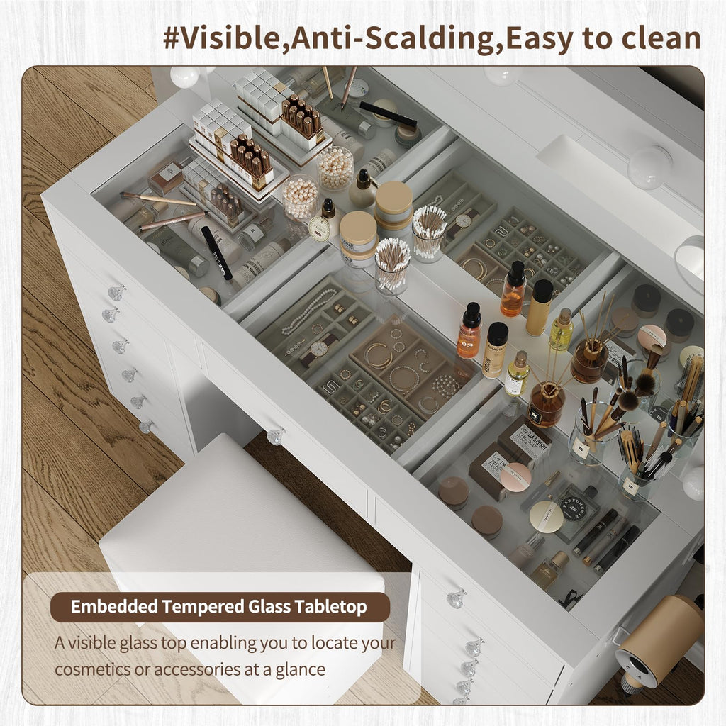 47" White Makeup Vanity with 13 Drawers and HD Mirror Z366