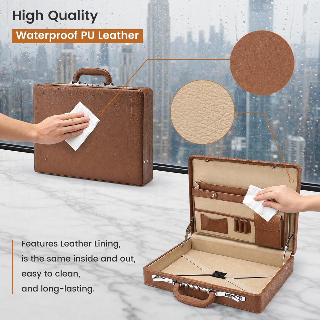 Brown Leather Briefcase with Lock for 16 Inch Laptop O96699