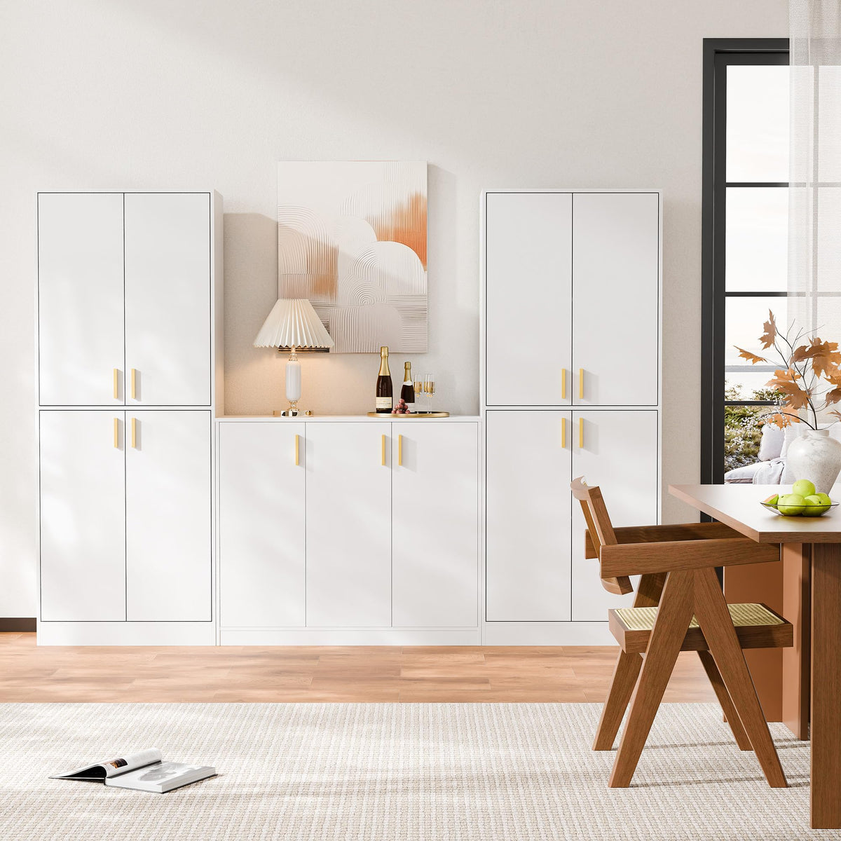 White Wood Storage Cabinet with Doors and Shelves J200