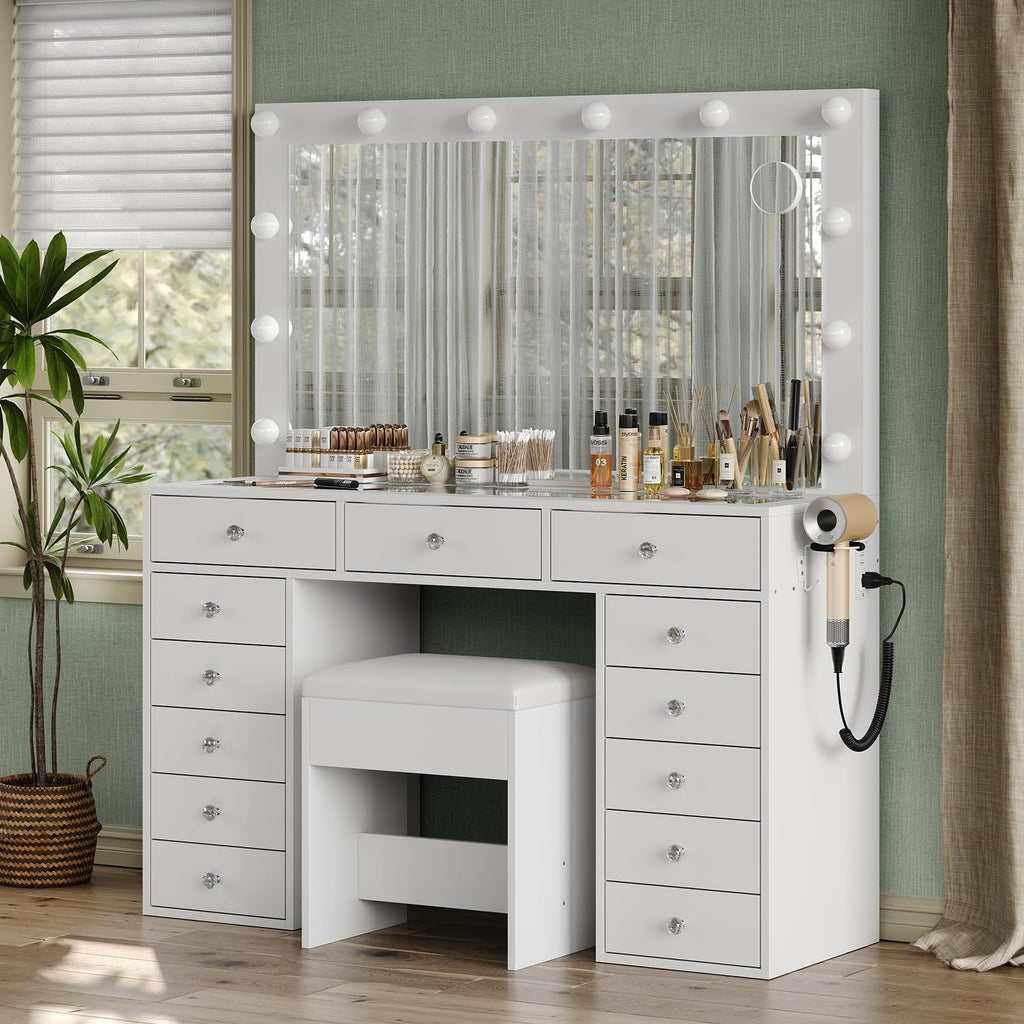 47" White Makeup Vanity with 13 Drawers and HD Mirror Z366